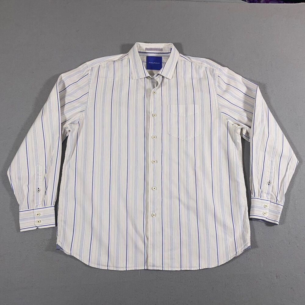 Tommy Bahama Shirt Mens XL‎ Cotton Striped White Blue Yellow Casual Costal